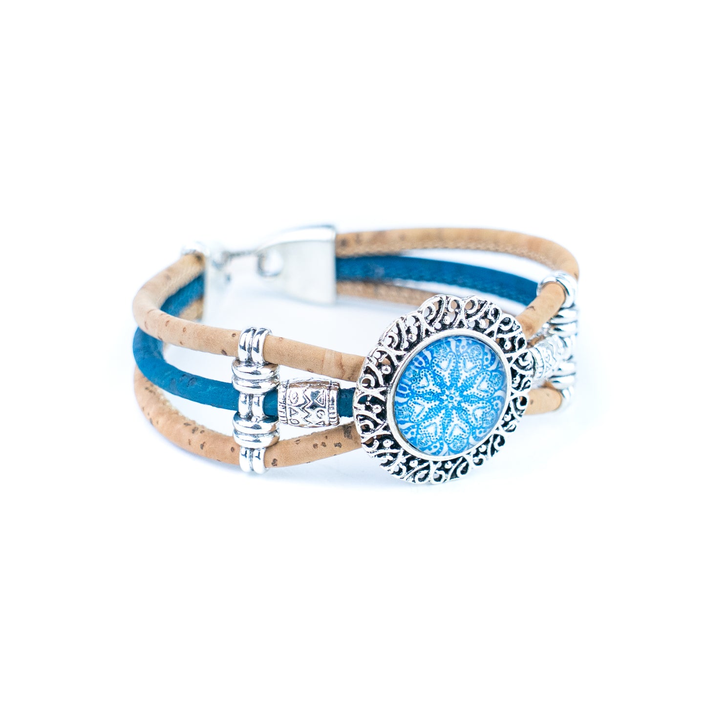 Portuguese Handmade Cork Bracelet with Decorative Tile-Inspired Cabochon BR-530-5