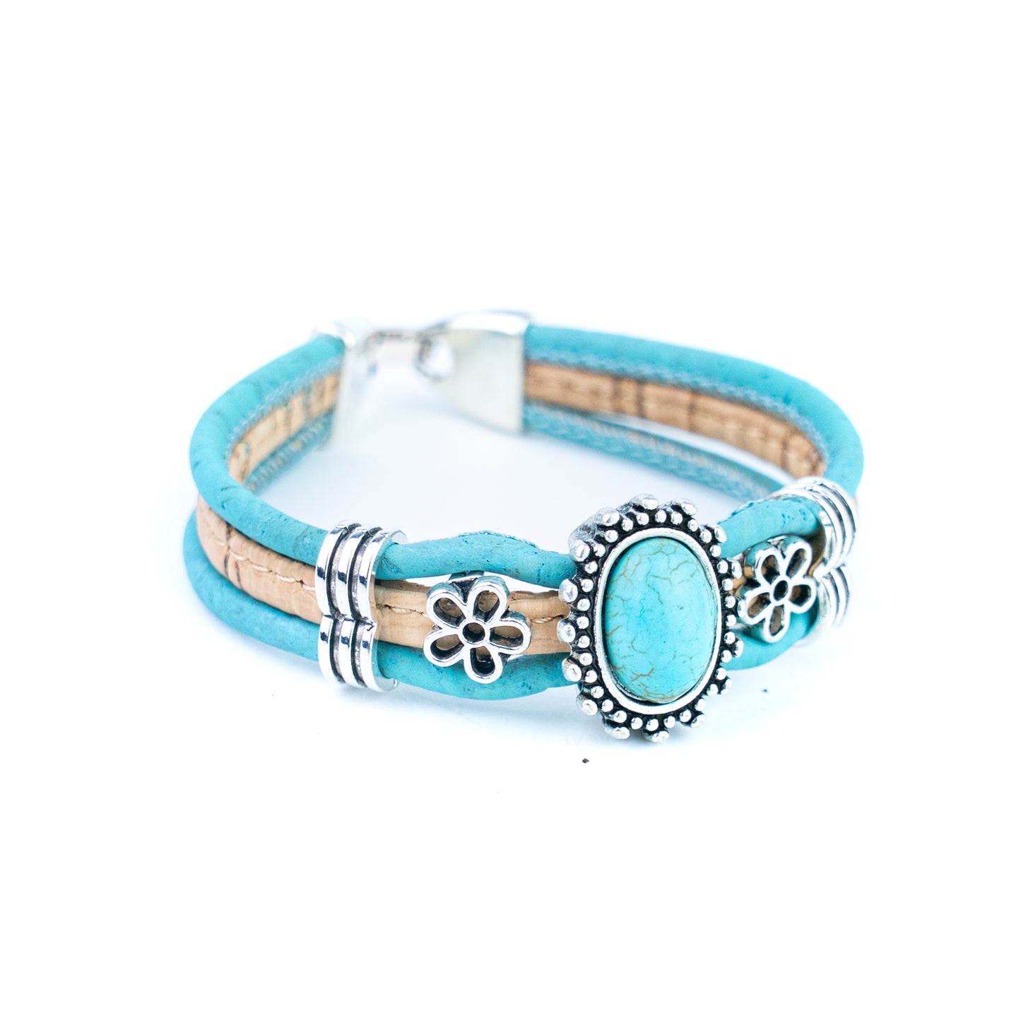 Portuguese Handmade Cork Bracelet with Turquoise Stone & Floral Alloy Charms DBR-047-5