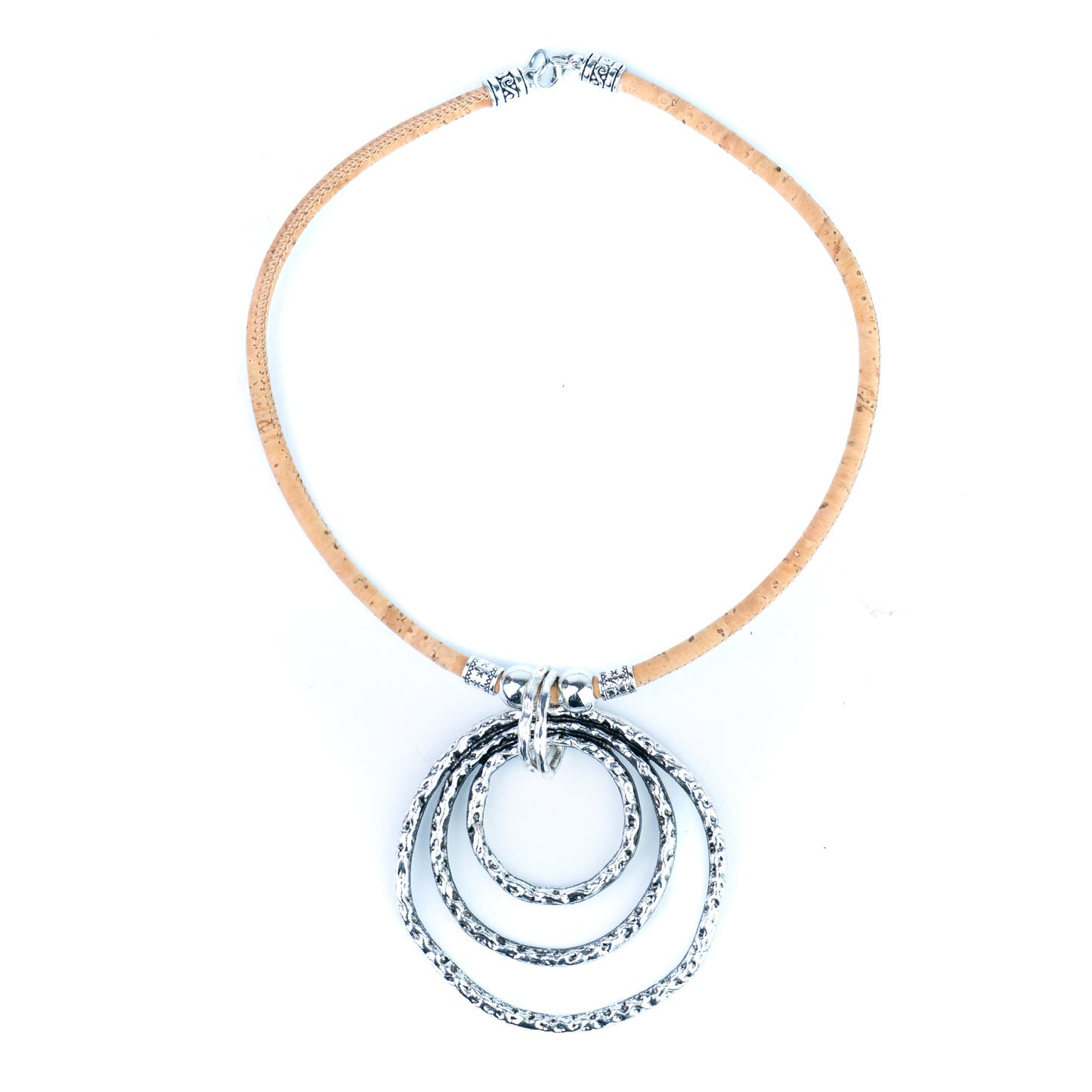 Portuguese Handmade Cork Necklace with Triple Circle Alloy Pendant NE-1092-3