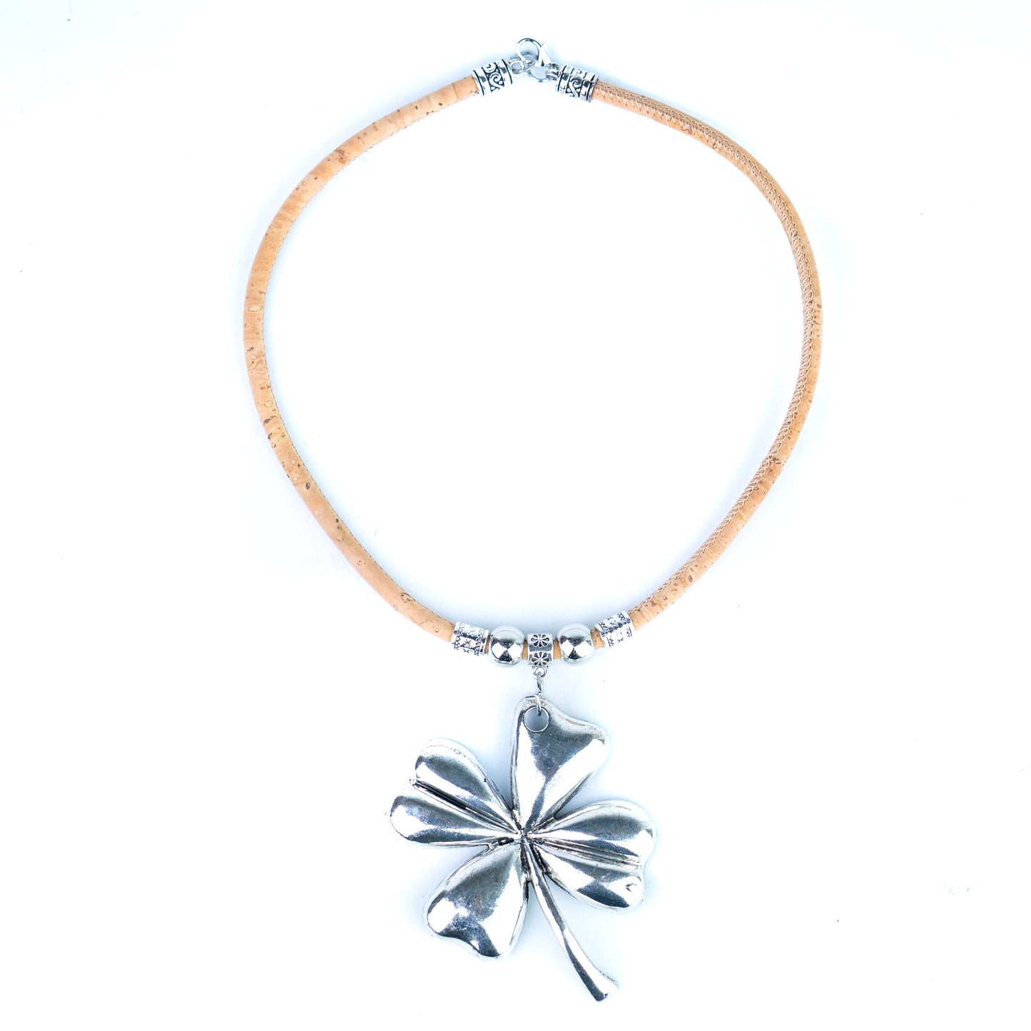 Portuguese Handmade Cork Necklace with Four-Leaf Clover Alloy Pendant NE-1095-4