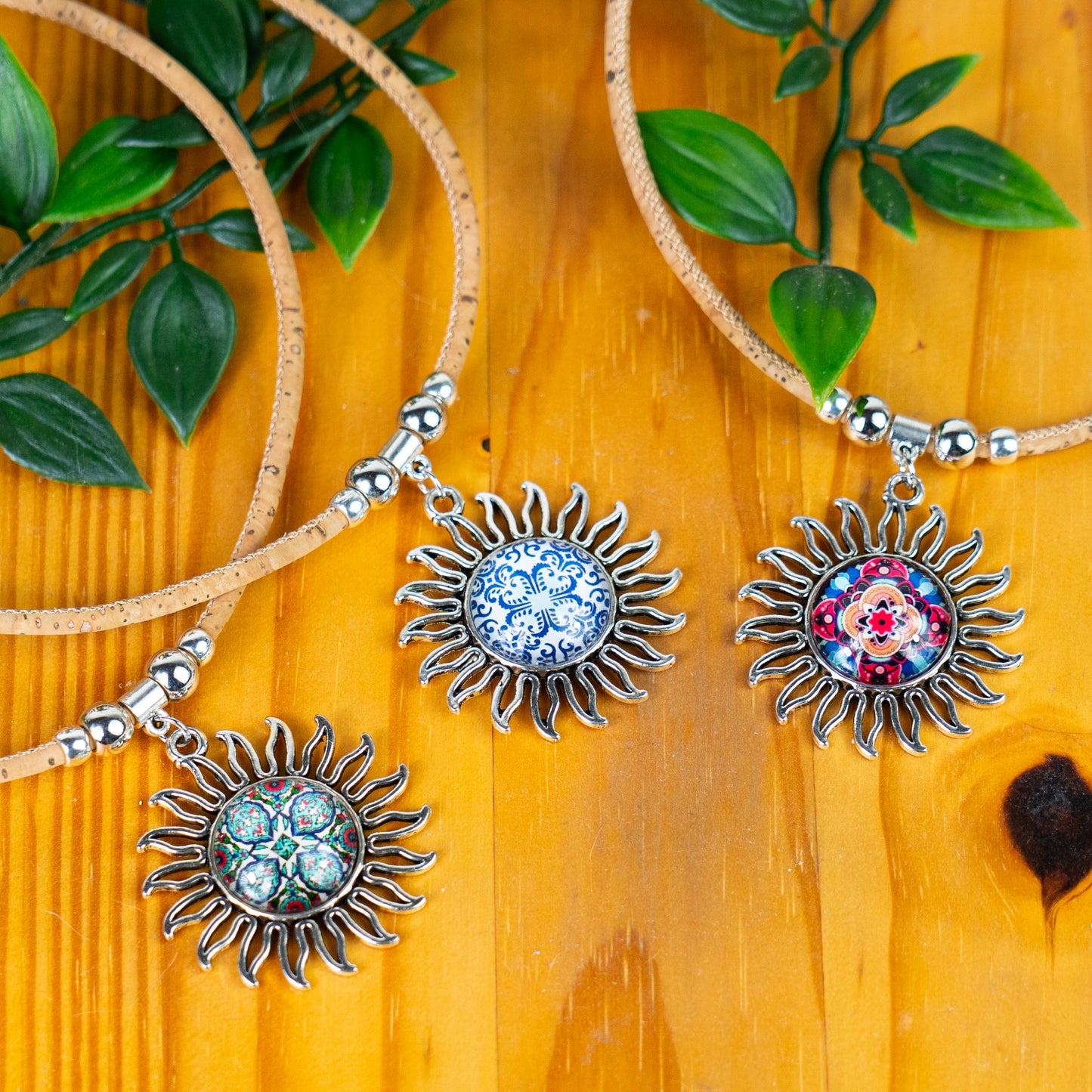 Handmade Portuguese Cork Necklace with Sun Pendant | Mixed Colors NE-1030-MIX-5-RANDOM