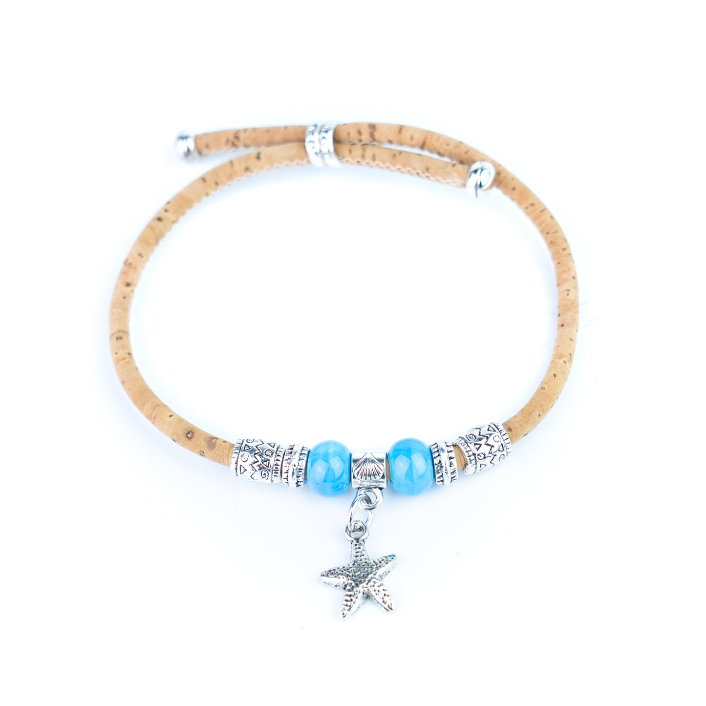 Portuguese Handmade Adjustable Cork Bracelet with Ceramic Beads & Starfish Charm - BR-540-MIX-8