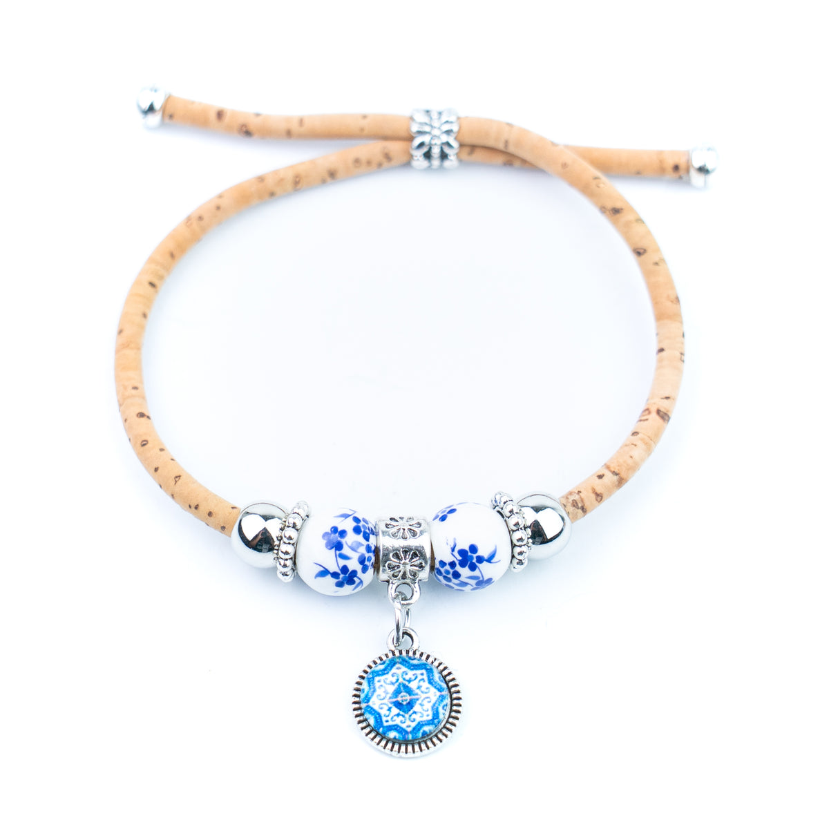 Natural Cork Bracelets with Blue Floral Beads and Round Charms – Set of 10-DBR-071-MIX-10