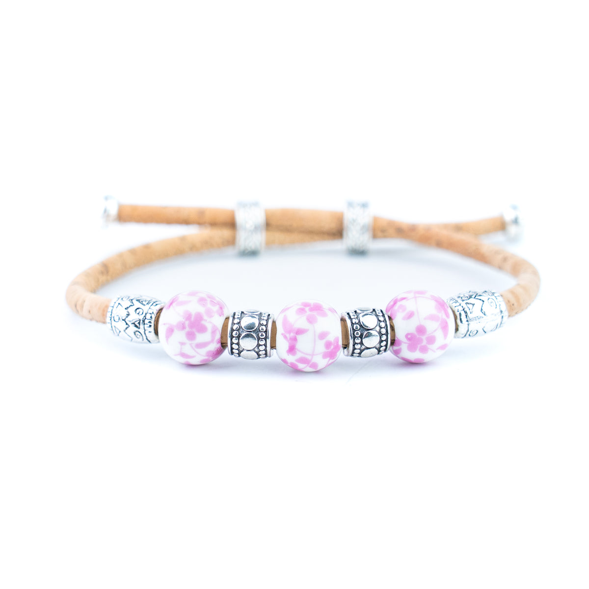 Natural Cork Bracelet with Floral Ceramic Beads – Set of 10 Assorted Colours DBR-066-MIX-10
