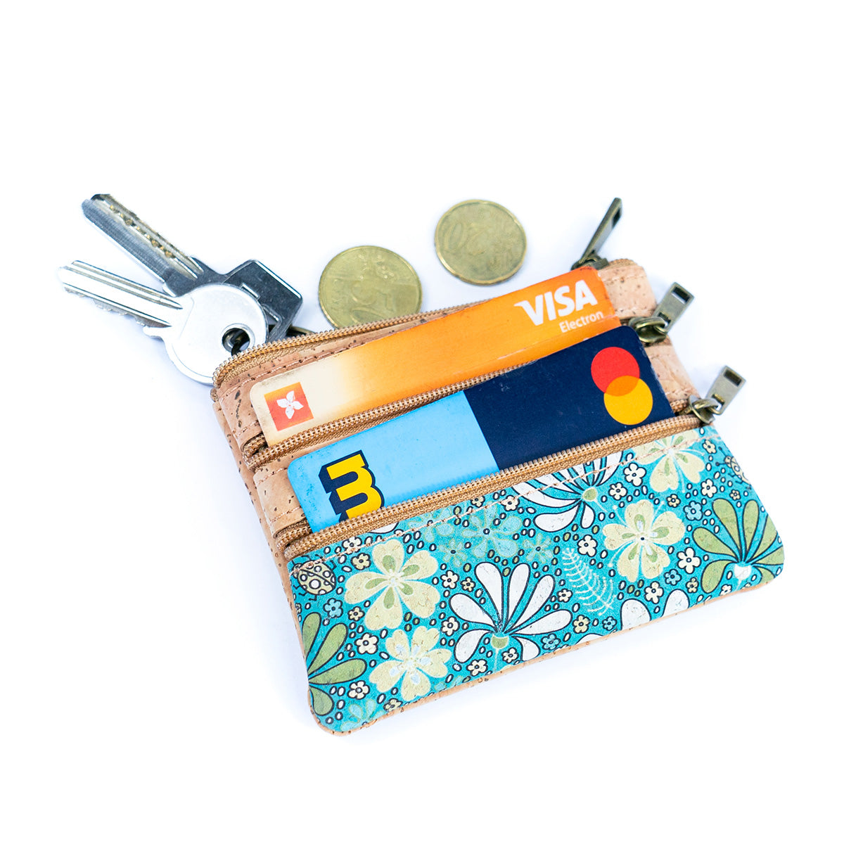 Triple-Zip Cork Mini Coin Pouch BAG-2326