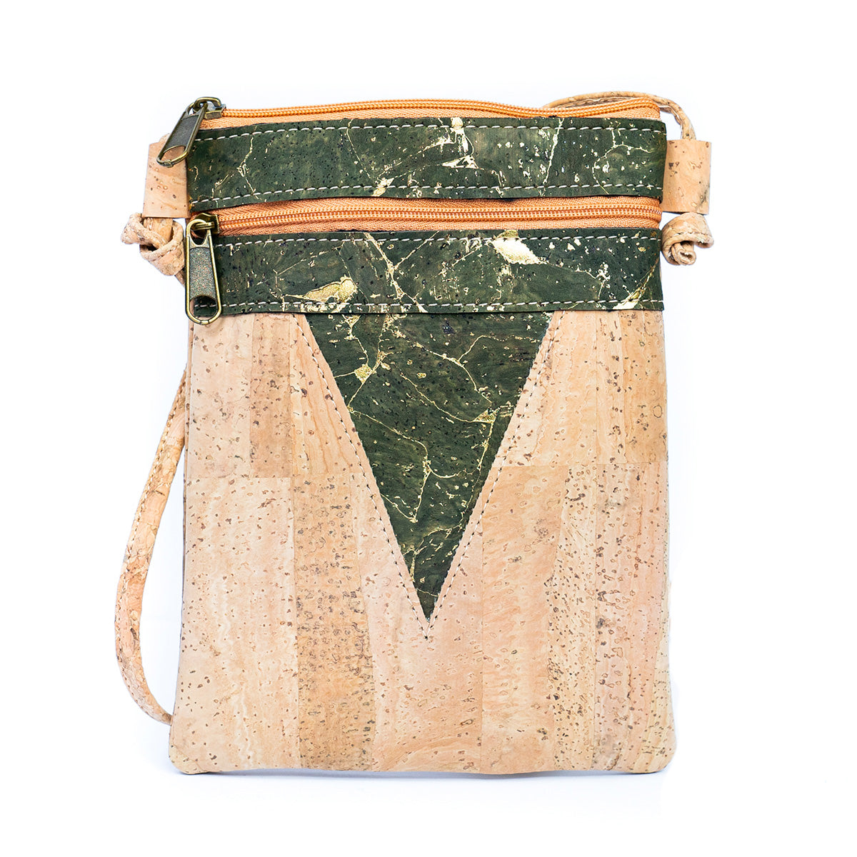 Triangle-Cut Natural Cork Women's Crossbody Bag with 2 Zipper Compartments BAGP-272-MIX-4 (4units)