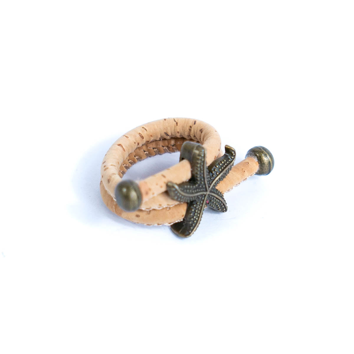 Handcrafted women's ring with natural cork cord and bronze starfish alloy hardware RW-042