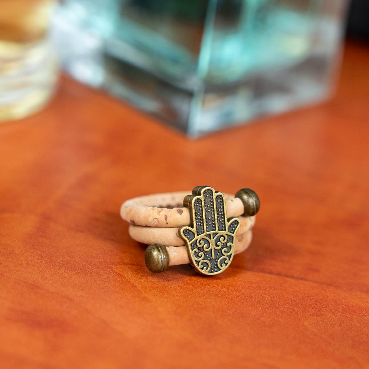 Natural cork cord and bronze Hand of Fatima alloy hardware handmade women's ring RW-047-A-10
