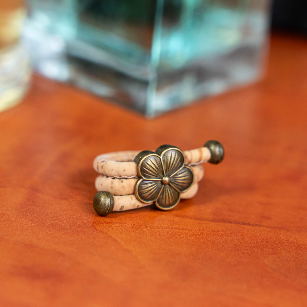 Natural cork cord and bronze Flowers alloy hardware handmade women's ring RW-044-A-10