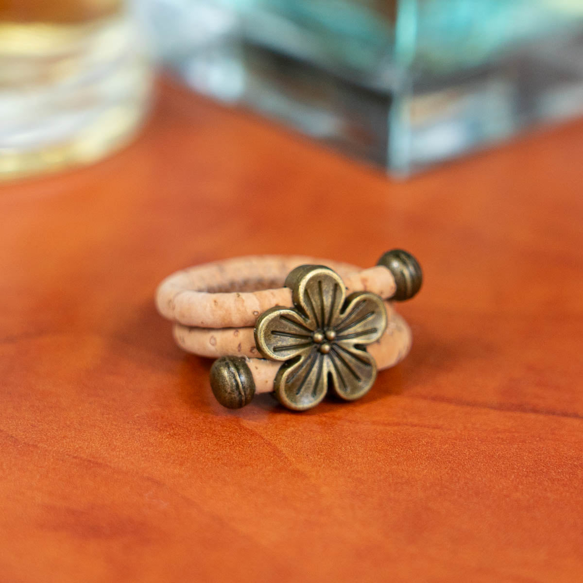 Natural cork cord and bronze Flowers alloy hardware handmade women's ring RW-046-A-10
