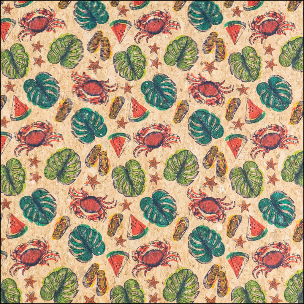 Beach Vibes: Palm Leaves Slippers Crabs Watermelon Pattern Cork Fabric COF-790 1/2M (138*50 cm / 54*19 inches) cork