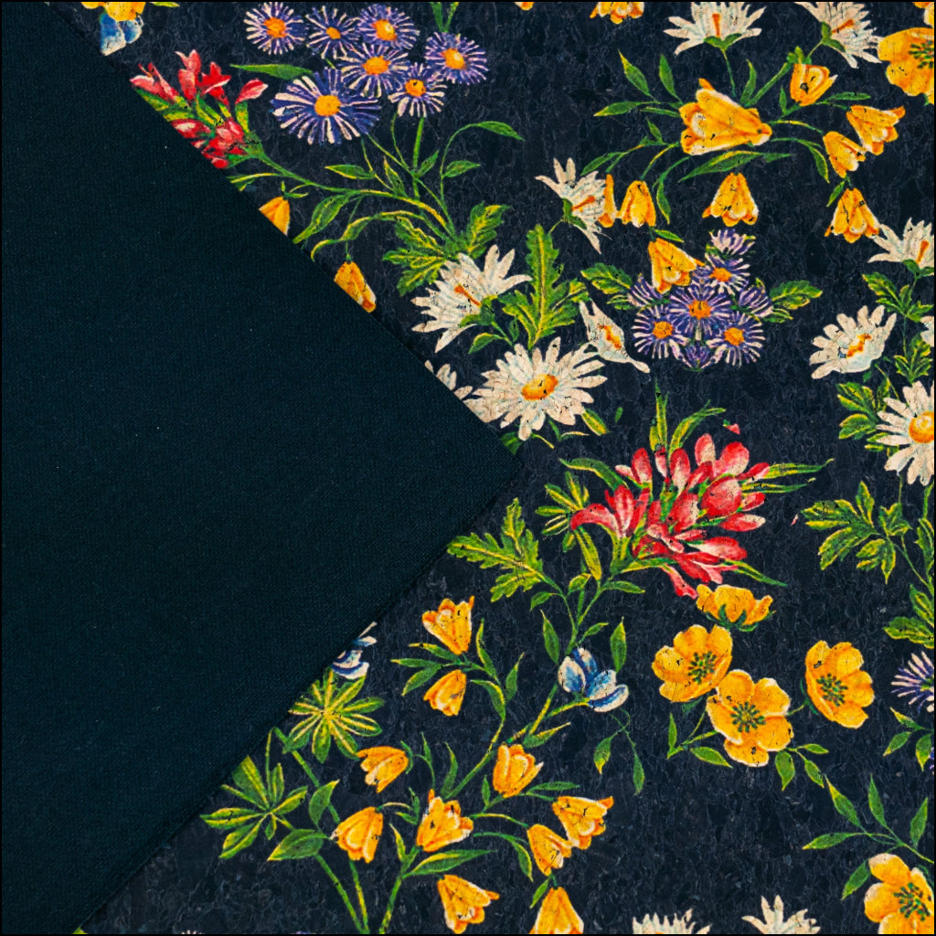 Black Cork Fabric with Multicolor Floral Print COF-670 cork fabric