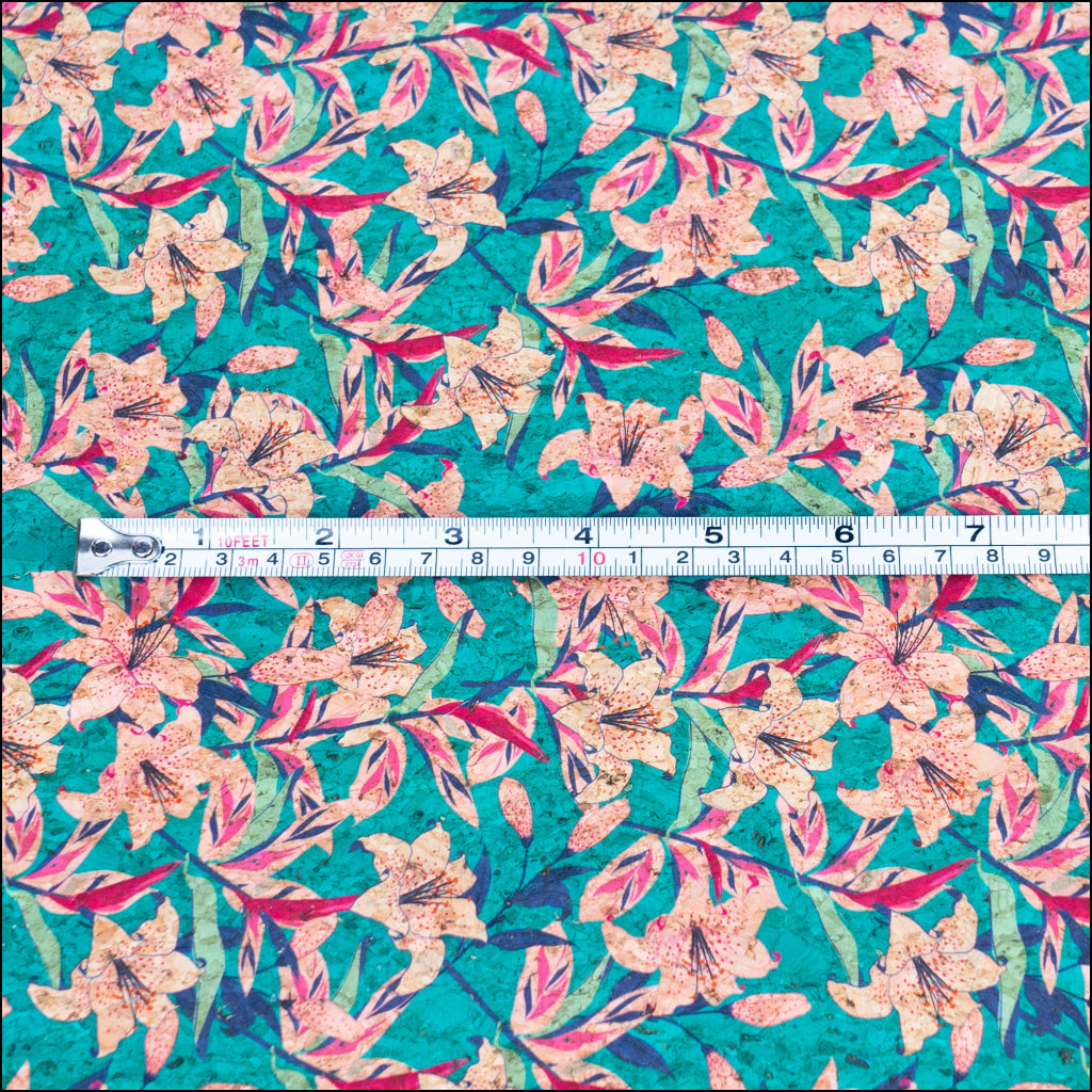 Blue Background With Pink Trumpet Flower Print Cork Fabric Beige Back 0.86Mm Thickness Cof-538 Cork