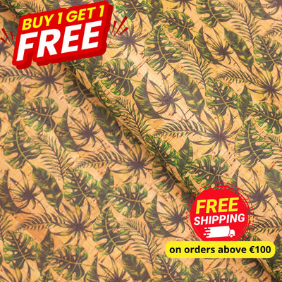 Buy 1 Get Free: Green Plantain Leaves Pattern Cork Leather Fabric Cof-259