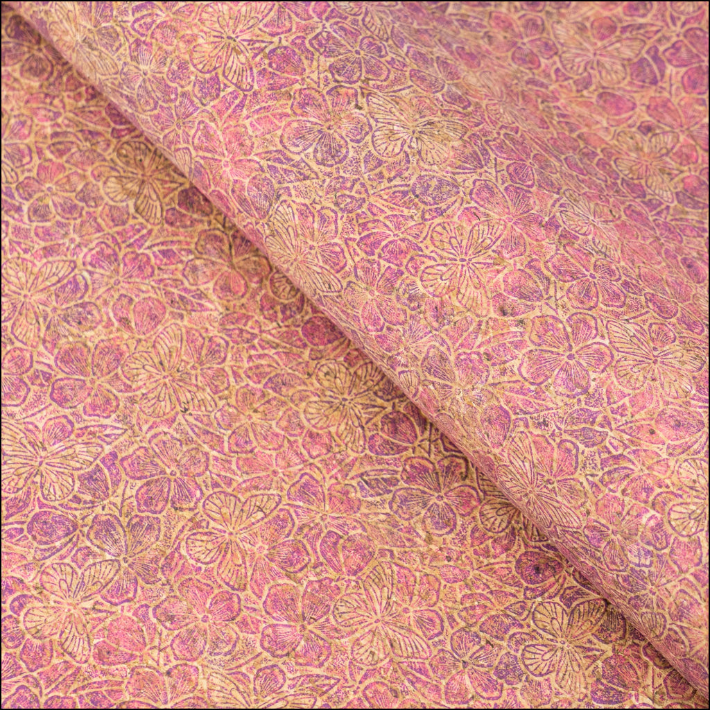 Embossed Cork Fabric – Pink & Purple Floral Butterfly Pattern COF-638 cork fabric