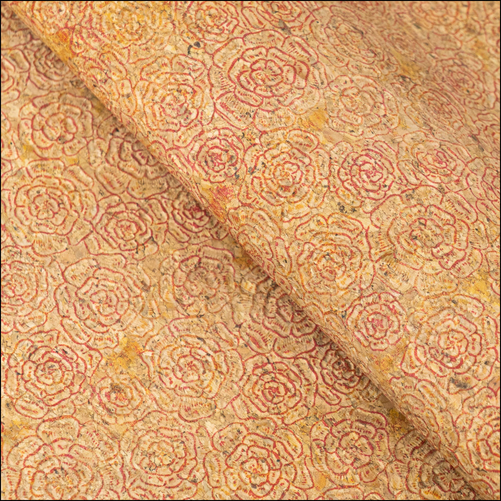 Embossed Rose Pattern Cork Fabric Beige & Red Tones COF-643 cork fabric