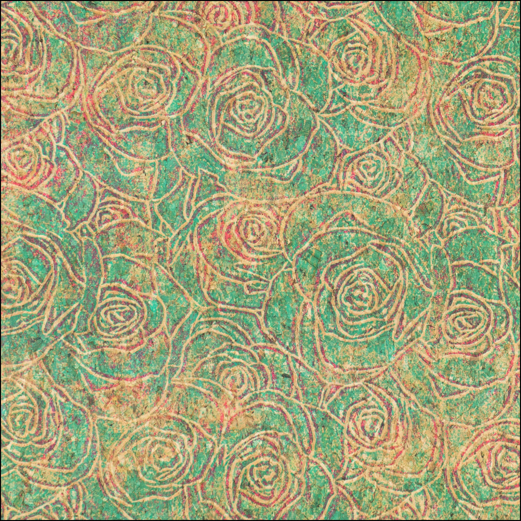 Embossed Rose Pattern Cork Fabric Green & Pink Tones COF-642 cork fabric