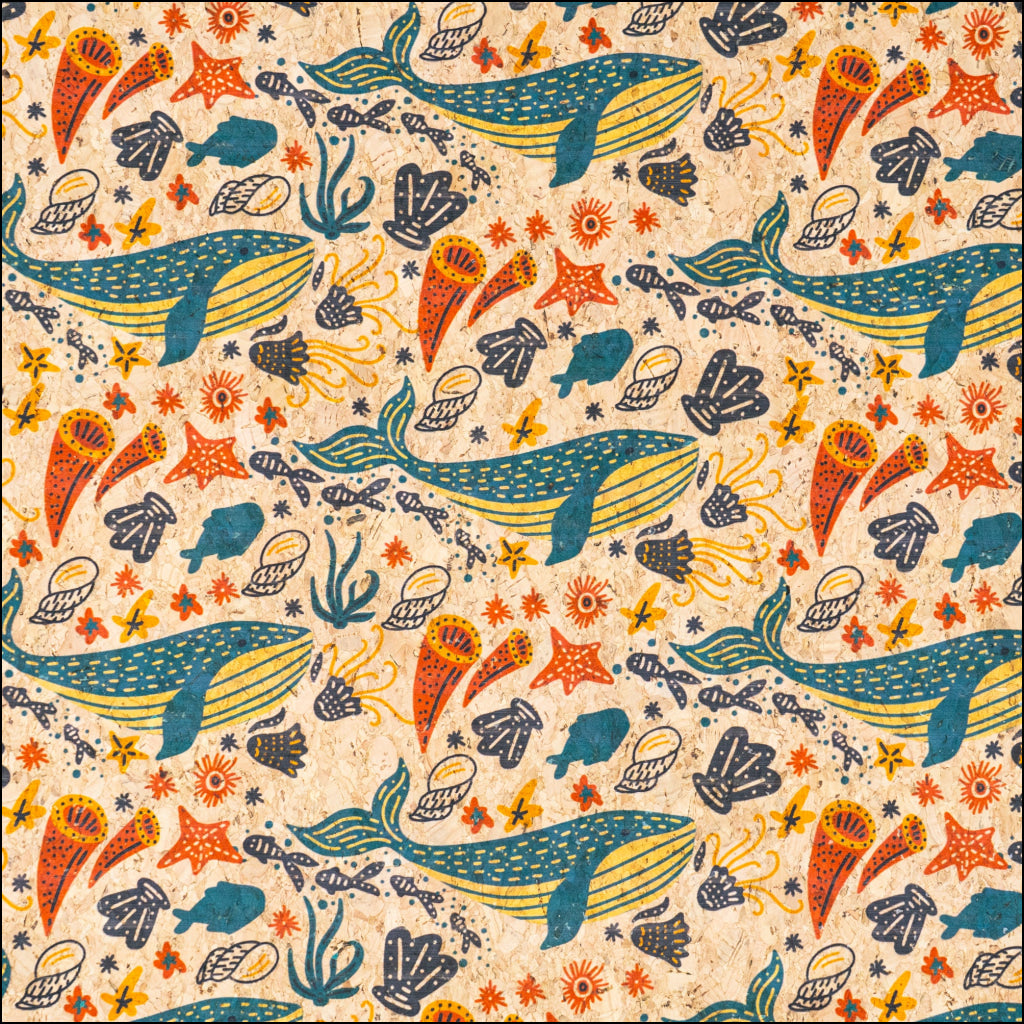 Illustrated Whale & Coral Cork Fabric COF-634 cork fabric