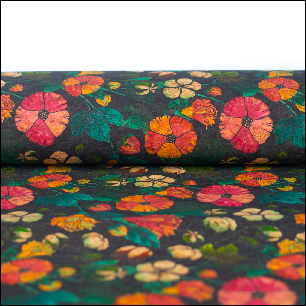 Natural Cork Fabric With Flower Print On Black Background Cof-474 Cork Fabric