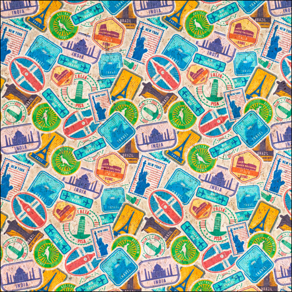 World Famous Landmarks Stamp And Passport Seal Pattern On Cork Fabric Cof-502 Cork Fabric