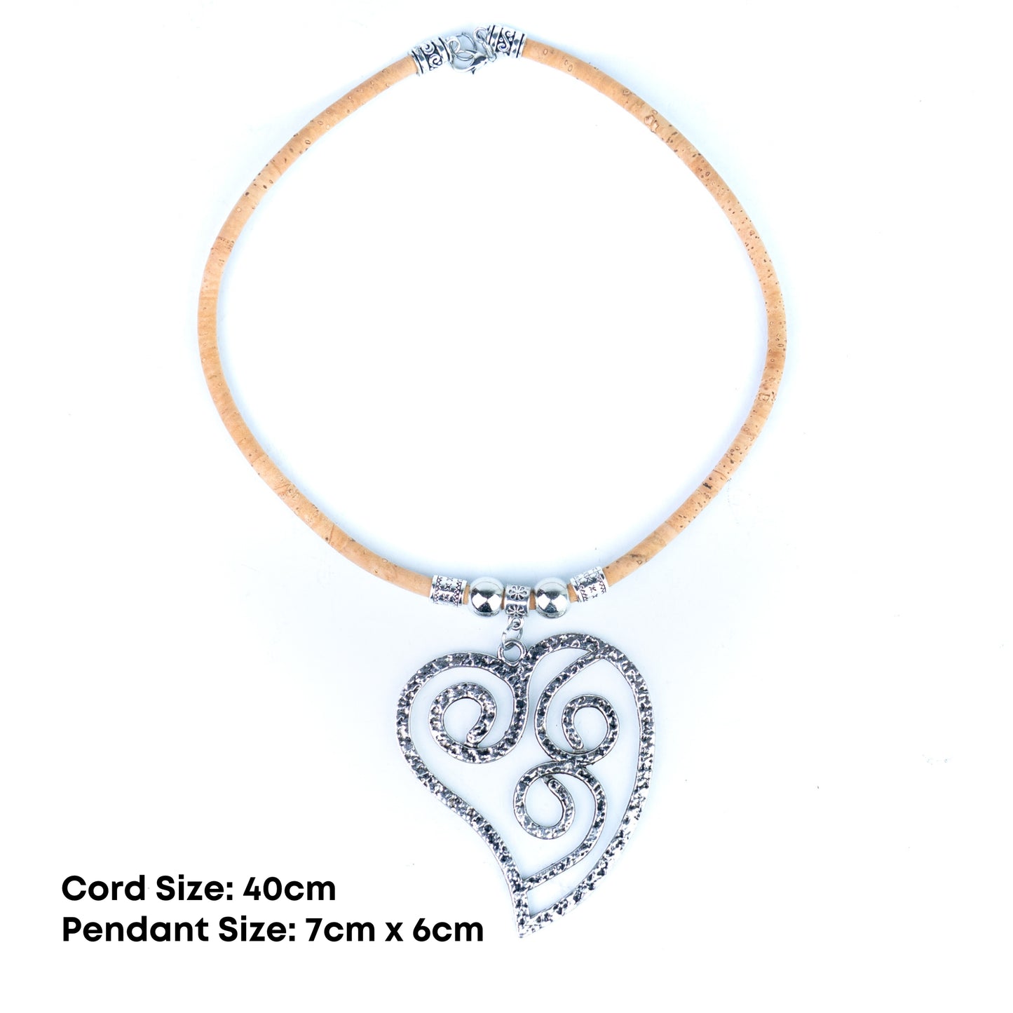 Portuguese Handmade Cork Necklace with Vintage Filigree Heart Pendant NE-1096-5