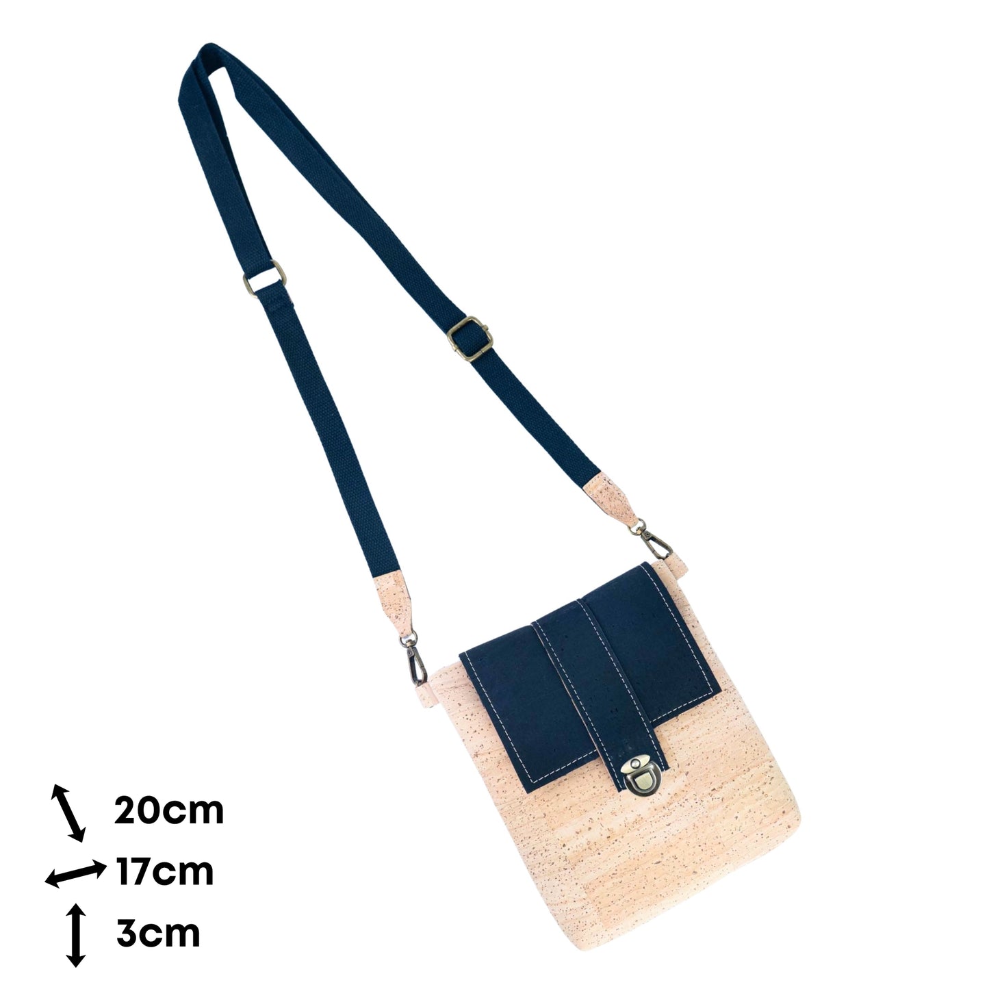 Natural Cork Crossbody Bag with Black Flap & Turn-Lock Closure — BAGP-379