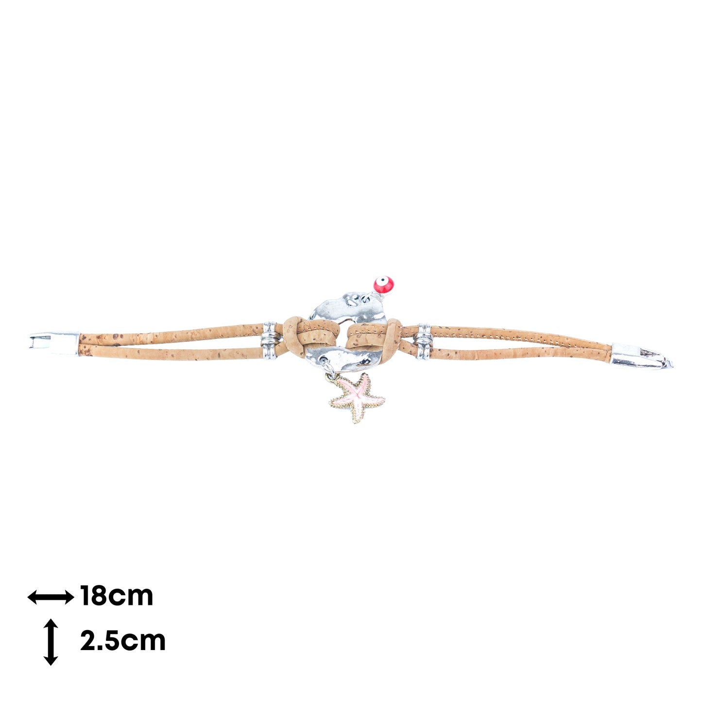 Portuguese Handmade Cork Bracelet with Starfish & Evil Eye Charms- women's bracelet BR-218-5