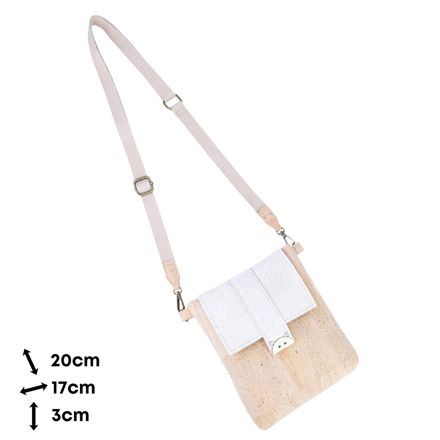 Natural Cork Crossbody Bag with White Flap & Cat Clasp —BAGP-375