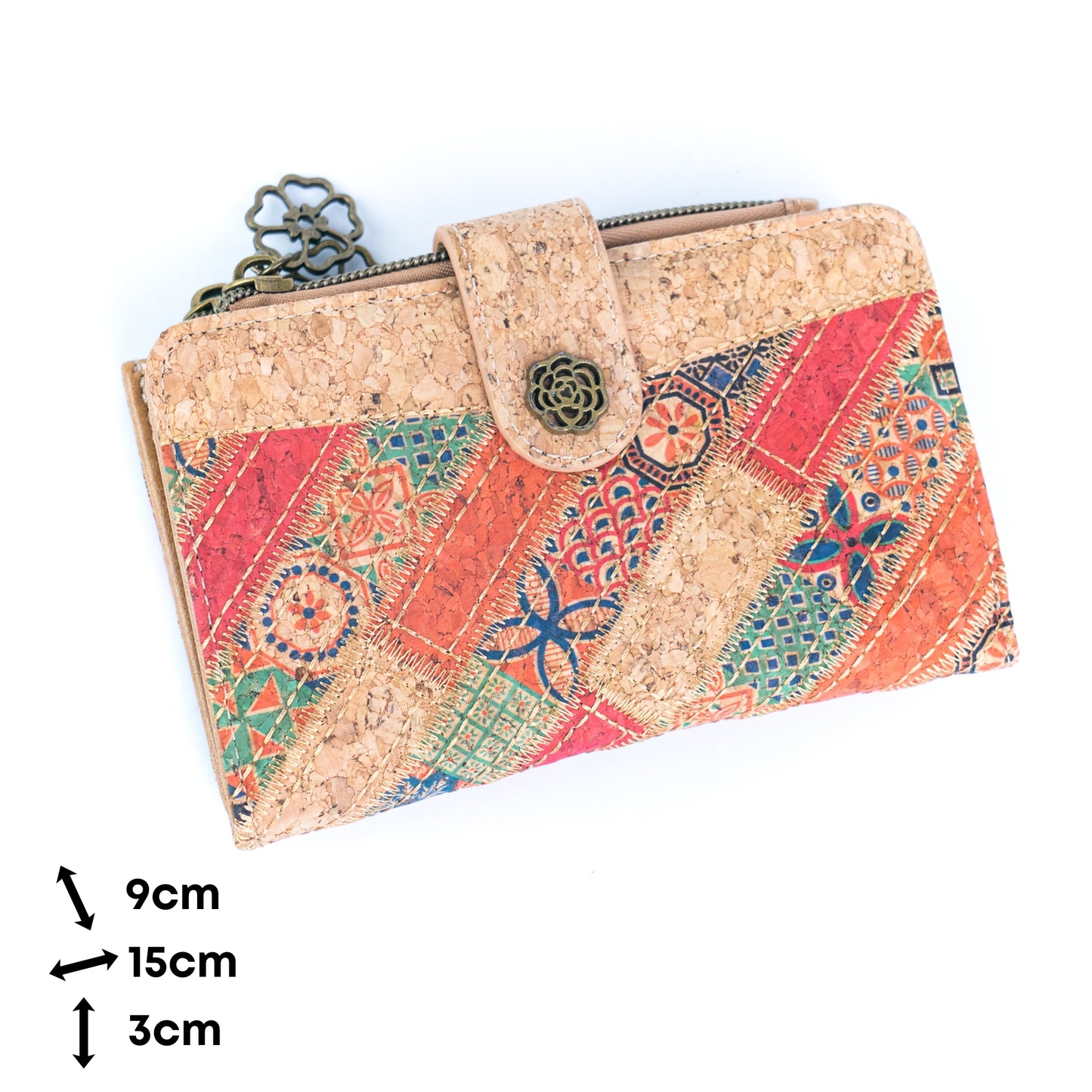 7-Pack Patchwork Cork Wallet | Boho Print, Zip & Snap Closure – BAGD-635