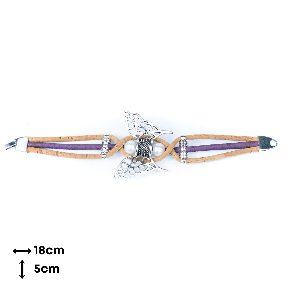 Handmade Cork Bracelet with Filigree Butterfly and Pearl Beads BR-189-MIX-5