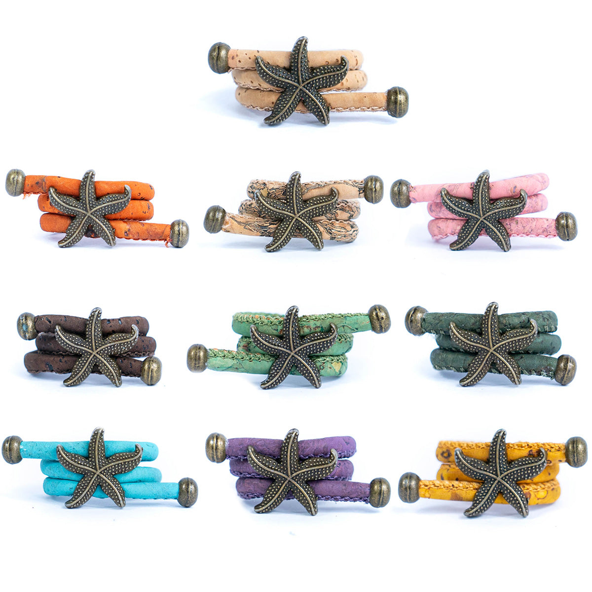 Handcrafted women's ring with natural cork cord and bronze starfish alloy hardware  RW-042