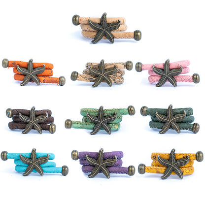 Handcrafted women's ring with natural cork cord and bronze starfish alloy hardware  RW-042