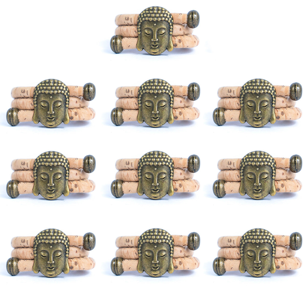 Natural cork cord and bronze Buddha head alloy hardware handmade women's ring  RW-043-A-10