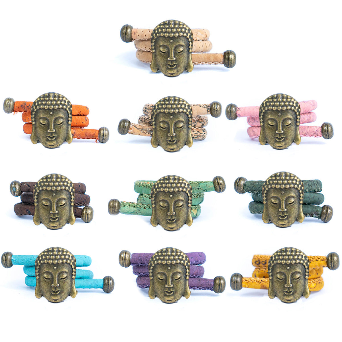 Colored cork line and bronze Buddha head alloy hardware handmade women's ring  RW-043-MIX-10