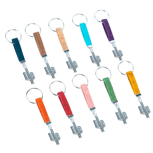 colored cork cord and cactus pendant handmade cork keychain  I-068-MIX-10