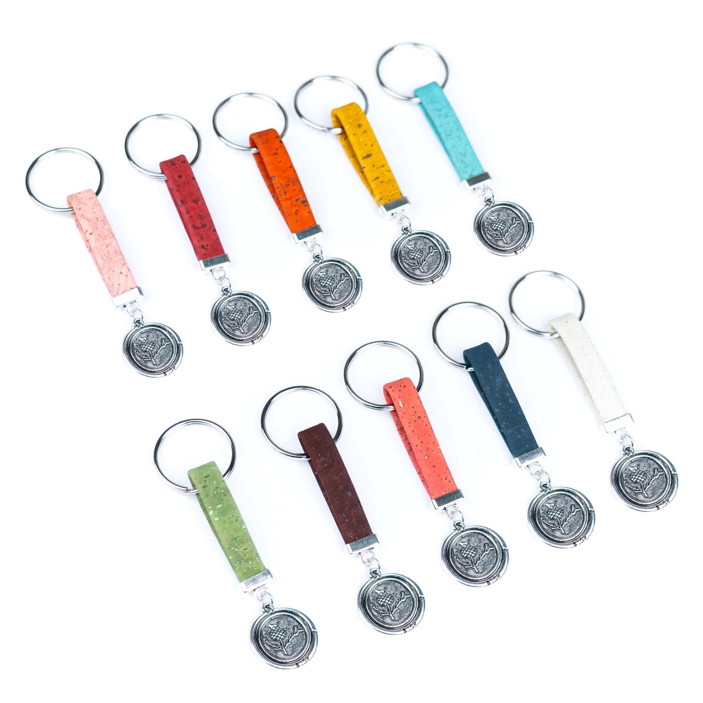 Handmade Cork Keychains with Botanical Emblem Pendant  I-074-MIX-10