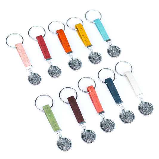 Handmade Cork Keychains with Botanical Emblem Pendant  I-074-MIX-10