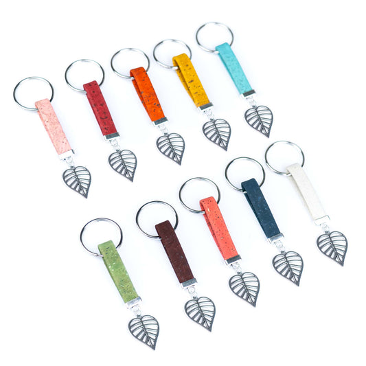 Handmade Cork Keychains with  Hollow Leaf  Pendant  I-083-MIX-10