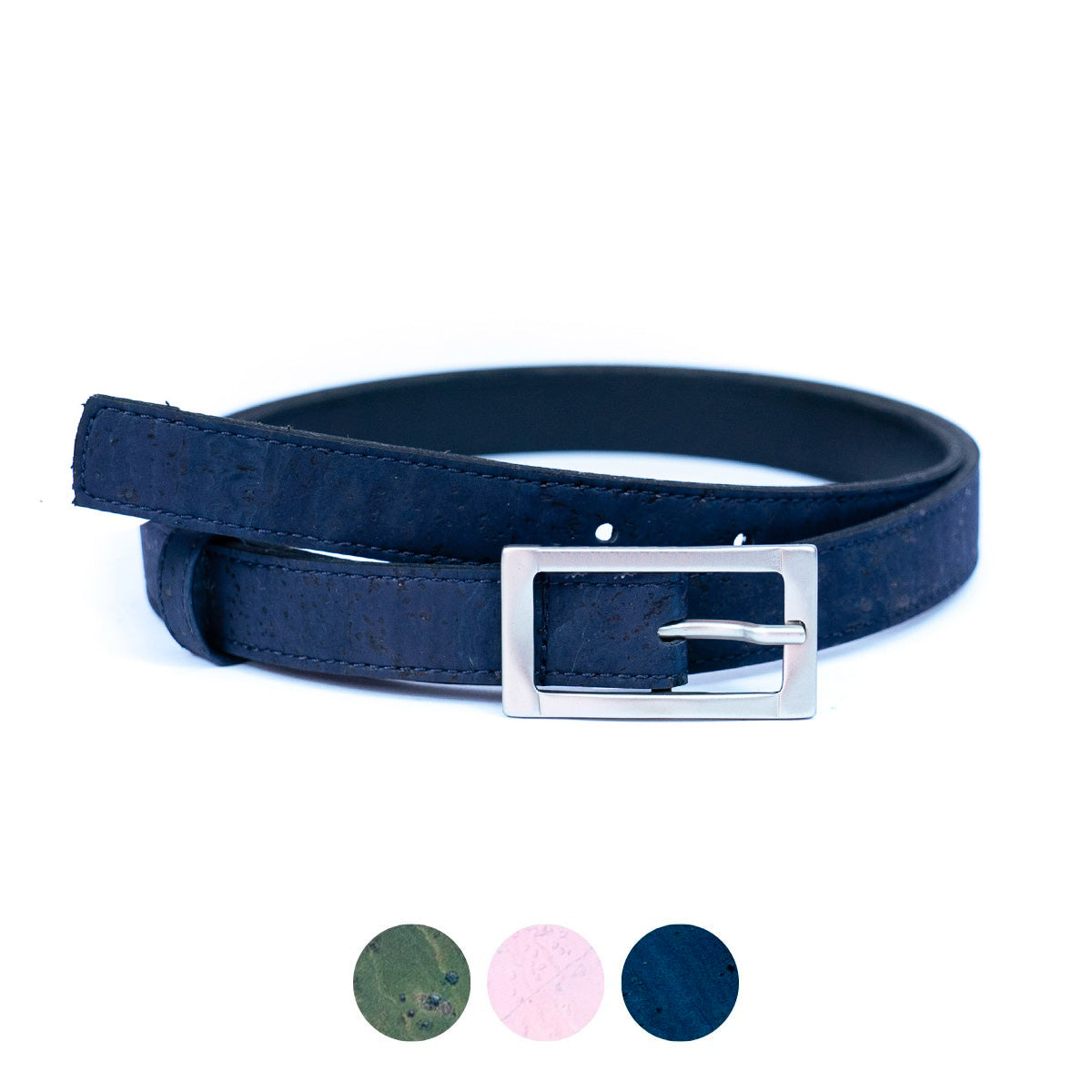 Women’s Slim Cork Belt with Silver Rectangular Buckle L-1066