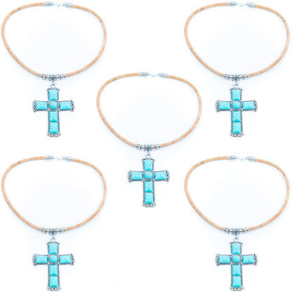 Natural cork cord and alloy cross pendant handmade women's fashion necklace NE-1070-5