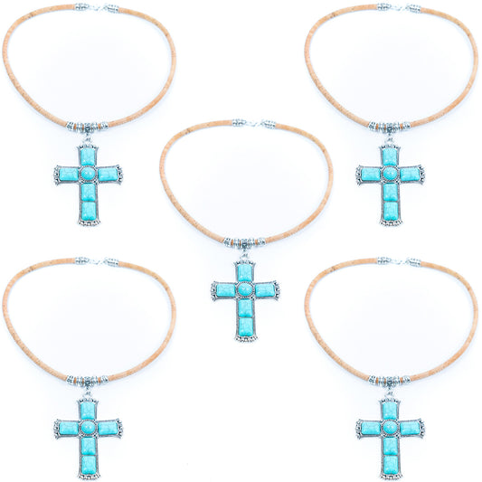 Natural cork cord and alloy cross pendant handmade women's fashion necklace NE-1070-5