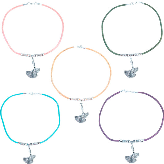 5 colors cork cord and a unique ginkgo leaf shape Pendant handmade women's fashion necklace NE-1075-MIX-5