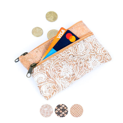 Double-Sided Printed Cork Mini Coin Purse with Three Zipper Pockets BAGP-037 (5units)