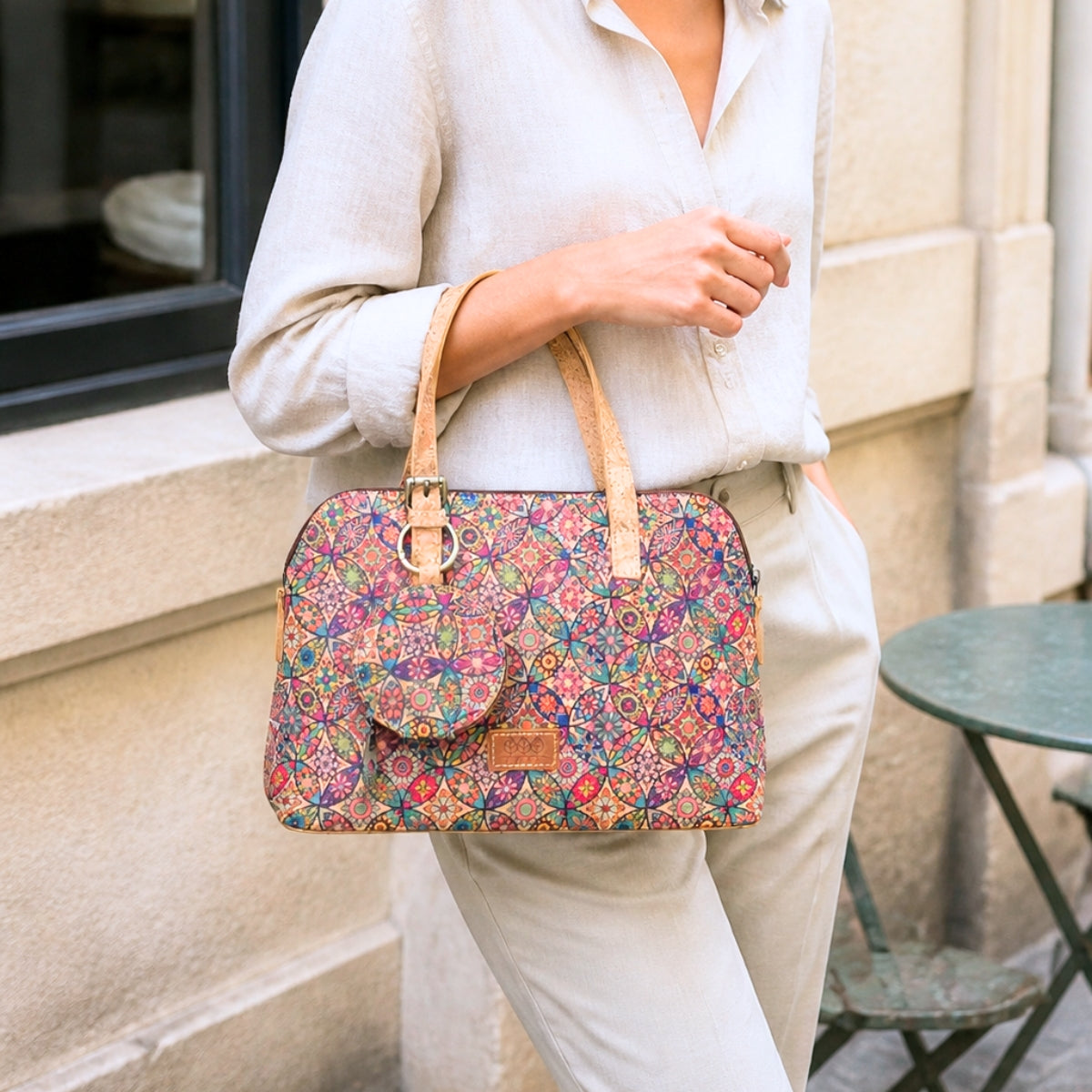 Printed Cork Handbag with Detachable Mini Zipper Purse & Shoulder Strap BAGD-667