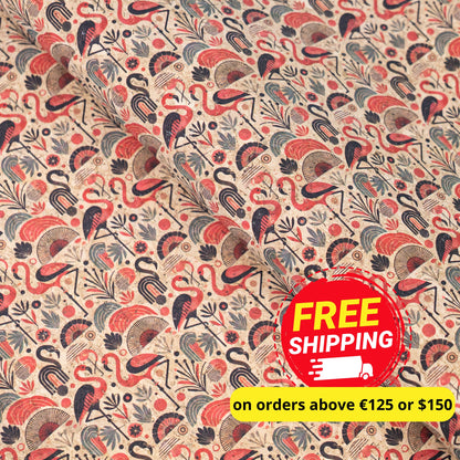 Flamingo Collection - Flamingo and Floral Pattern Cork Fabric COF-746