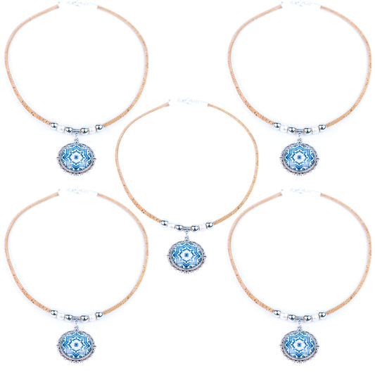 3mm cork code  Handmade Cork Necklace | Round Colored Pattern Applique | Natural Cork Thread NE-1043-5