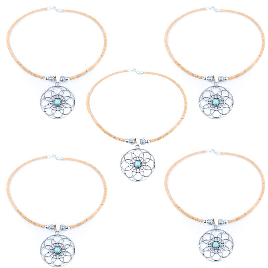 Natural cork cord and a vintage-style geometric floral pattern handmade women's fashion necklace N-003-5