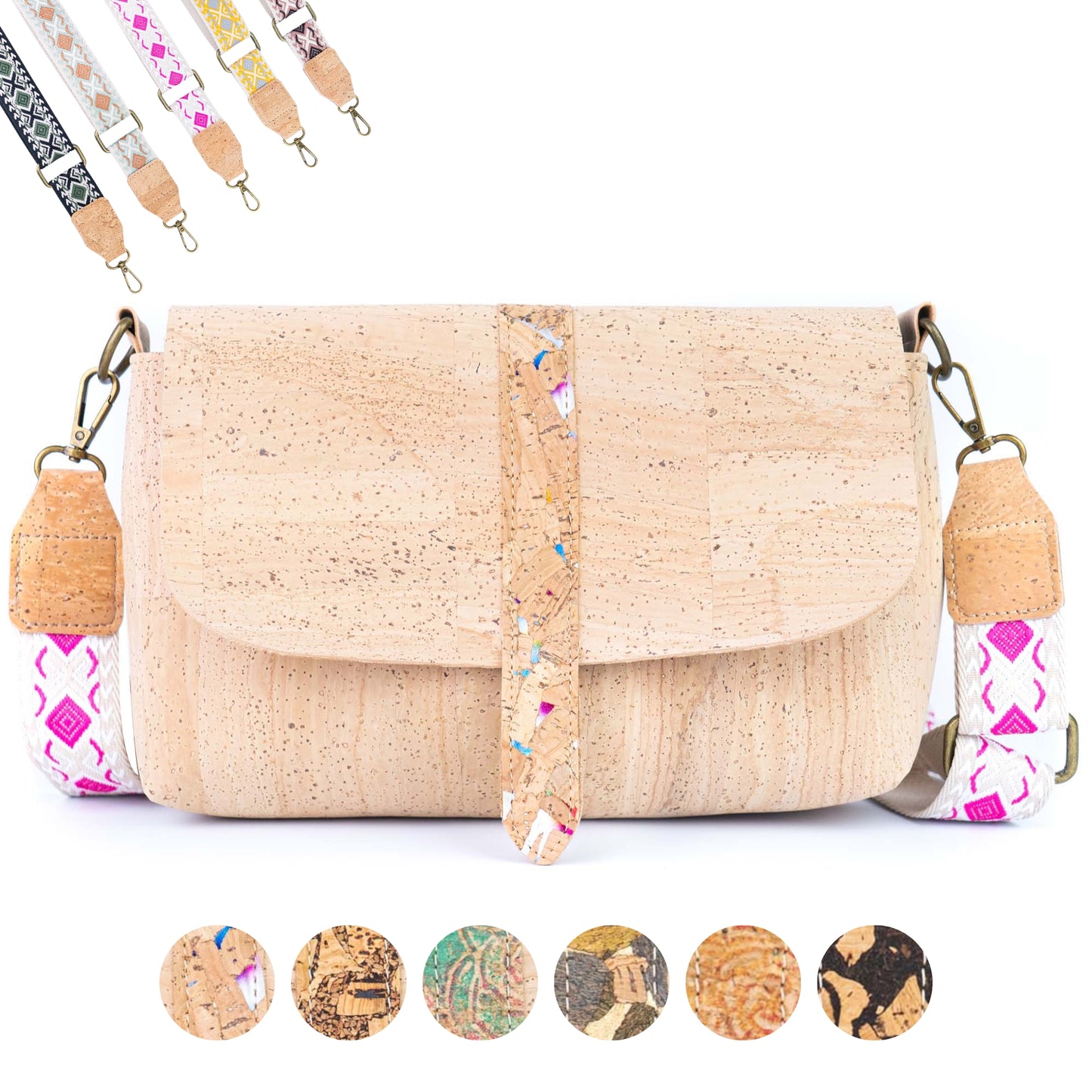 Cork Crossbody Bag with Interchangeable Strap | Natural Cork Shoulder Bag BAGP-366