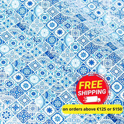 High-Quality Printed Cork Fabric with Blue Portuguese Tile Pattern COF-567