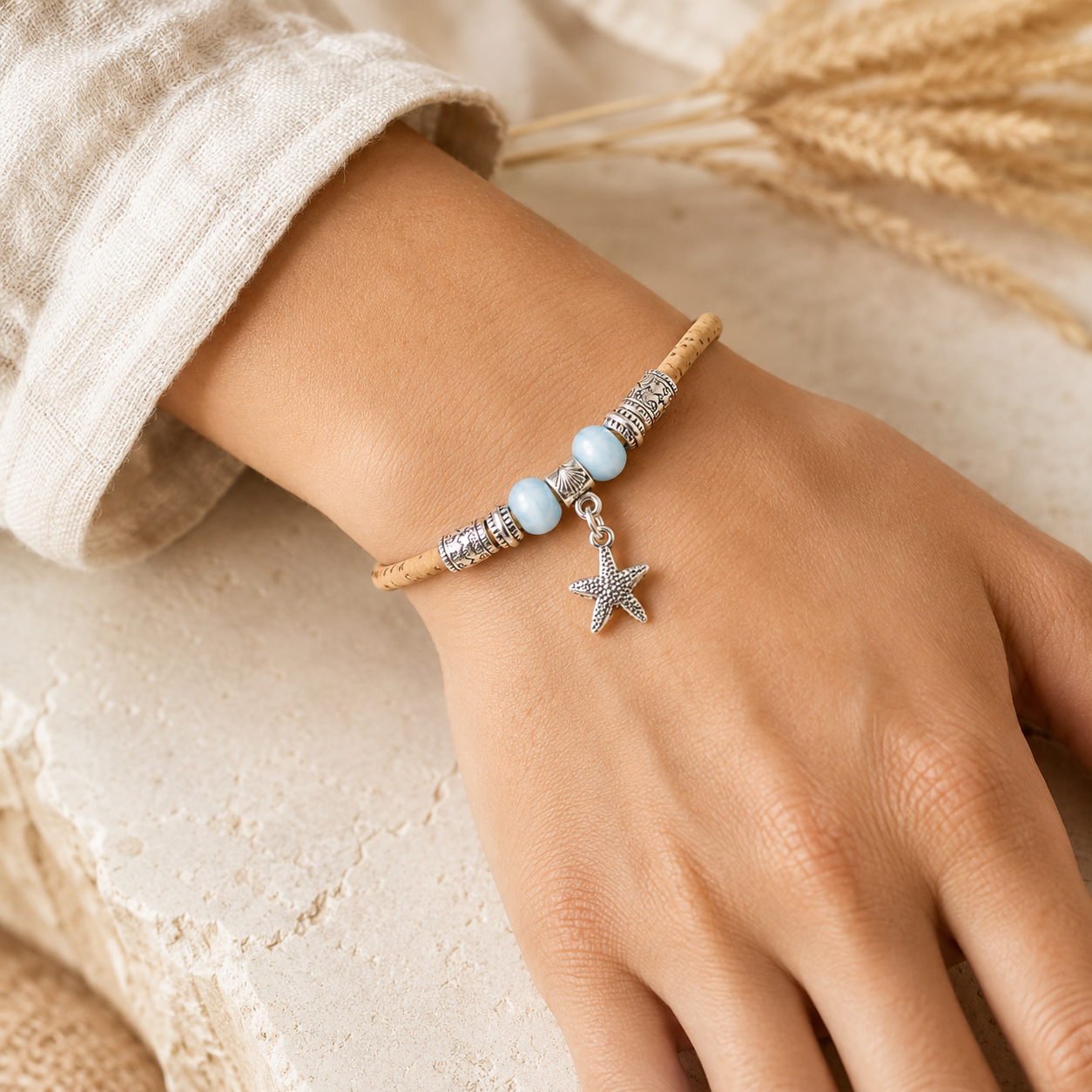 Portuguese Handmade Adjustable Cork Bracelet with Ceramic Beads & Starfish Charm -  BR-540-MIX-8